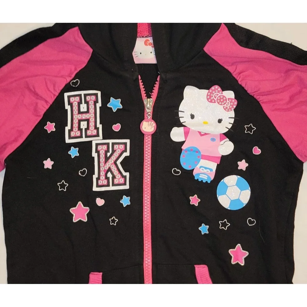 Hello Kitty Girls Hoodie Black/Pink Zip Up Jacket Size 7/8 Sanrio Lightweight